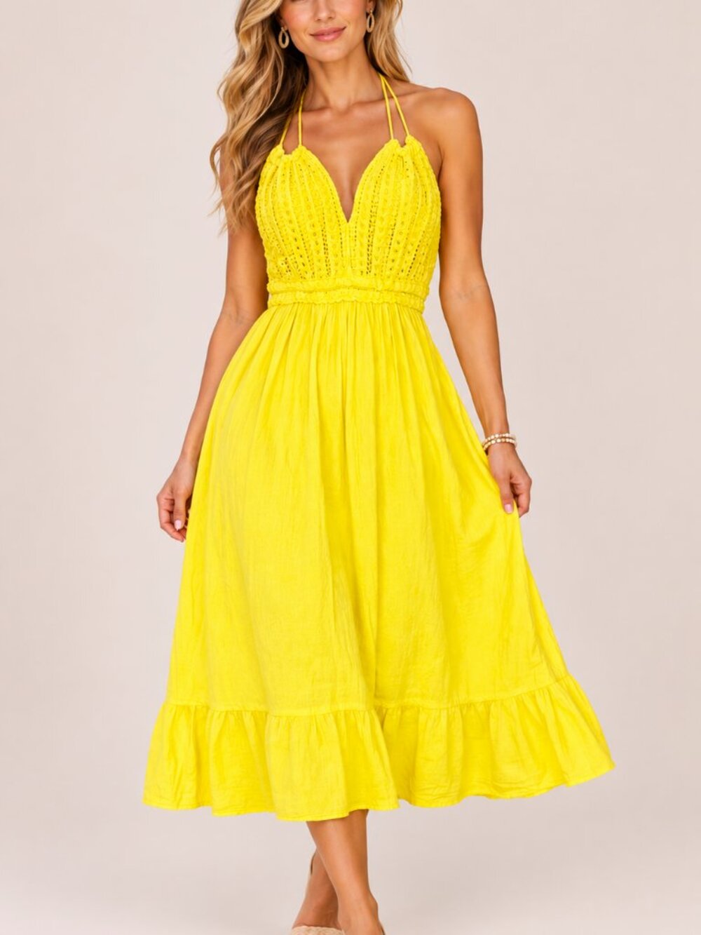 Seaspice Peruvian Cotton Halter Dress Womens S M Yellow Crochet Lace Resort Midi